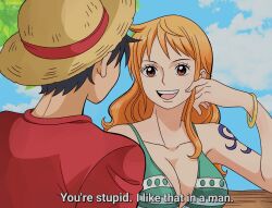 Rule 34 | bangle, bikini, bikini top only, bracelet, breasts, chandllucky, cleavage, couple, hat, highres, jewelry, large breasts, long hair, looking at another, meme, monkey d. luffy, nami (one piece), one piece, parody, red shirt, shirt, shoulder tattoo, straw hat, swimsuit, tattoo, you&#039;re stupid. i like that in a man (meme)
