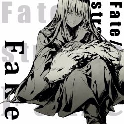 Rule 34 | 1other, androgynous, copyright name, enkidu (fate), fate/strange fake, fate (series), high contrast, highres, long hair, monochrome, headpat, redoxhn, sitting, very long hair, wolf, wolf (fate)