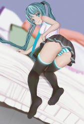 Rule 34 | aruman, ass, bed, blue eyes, blue hair, blush, from behind, hatsune miku, highres, long hair, looking back, panties, skirt, smile, soles, striped clothes, striped panties, twintails, underwear, vocaloid