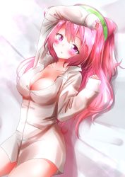Rule 34 | 106pengin, 10s, 1girl, blush, breasts, cleavage, dress shirt, female focus, hacka doll, hacka doll 2, highres, large breasts, long hair, looking at viewer, no pants, open mouth, pengin maru, pink eyes, pink hair, shirt, smile, solo