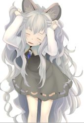 Rule 34 | 1girl, absurdly long hair, alternate hair length, alternate hairstyle, animal ears, blush, capelet, closed eyes, cowboy shot, dress, facing viewer, grey dress, grey hair, holding, holding hair, ishikkoro, jewelry, long hair, long sleeves, messy hair, mouse ears, nazrin, open mouth, pendant, solo, sweatdrop, touhou, very long hair, white background