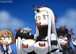 Rule 34 | 10s, 3girls, abyssal ship, bandaid, bandaid on face, black hair, blank eyes, blush, bonnet, bow, breasts, brown hair, claws, cloud, crab, dated, fang, gothic lolita, hamu koutarou, horns, isolated island oni, kantai collection, large breasts, lolita fashion, long hair, multiple girls, oboro (kancolle), red eyes, seaport princess, short hair, single horn, sky, turtleneck, wavy mouth, white hair