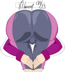 Rule 34 | 1girl, absurdres, android 18, artist name, ass, bent over, between thighs, bodysuit, cameltoe, dragon ball, dragon ball super, dragon ball super super hero, from behind, head out of frame, highres, leggings, legs, long sleeves, lower body, no lady on twitter can recreate this (meme), shiny clothes, thigh gap, thighs, view between legs