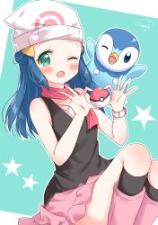 Rule 34 | 1girl, ;d, beanie, black shirt, blush, boots, commentary request, creatures (company), dawn (pokemon), eyelashes, game freak, gen 4 pokemon, green eyes, hair ornament, hairclip, hands up, hat, highres, holding, holding poke ball, kneehighs, long hair, nintendo, one eye closed, open mouth, pink footwear, pink skirt, piplup, poke ball, poke ball (basic), poke ball print, pokemon, pokemon (creature), pokemon dppt, poketch, shirt, skirt, sleeveless, sleeveless shirt, smile, socks, spread fingers, star (symbol), sugutsuka rerun, watch, white headwear, wristwatch