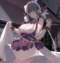Rule 34 | 1girl, animal ears, azur lane, blue eyes, blunt bangs, blush, breasts, cat ears, cheshire (azur lane), cleavage, cowboy shot, detached sleeves, dress, earrings, fake animal ears, fingernails, frilled dress, frills, garter straps, hands up, jewelry, large breasts, looking at viewer, maid headdress, multicolored hair, nail polish, ru zhai, short hair, smile, solo, streaked hair, thighhighs, two-tone hair, wrist cuffs