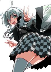 1girl ahoge apron ass back_bow black_apron black_bow blush bow breasts checkered_clothes checkered_skirt commentary_request double_v feet_out_of_frame foreshortening frilled_apron frills from_behind green_eyes grey_hair hair_between_eyes haiyore!_nyaruko-san happy highres huge_ahoge long_hair looking_at_viewer looking_back medium_breasts miniskirt nyarlathotep_(nyaruko-san) open_mouth sketch skirt smile solo teeth thighhighs upper_teeth_only v white_thighhighs yuto_(dialique) zettai_ryouiki