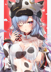 Rule 34 | 1girl, 40 (0f0urw), absurdres, animal ears, animal print, bare shoulders, bikini, blue hair, blush, border, breasts, catura (granblue fantasy), cleavage, cow ears, cow girl, cow hat, cow horns, cow print, detached sleeves, draph, ear piercing, granblue fantasy, hat, highres, horns, large breasts, long hair, looking at viewer, navel, one eye closed, open mouth, piercing, pointy ears, purple eyes, see-through, solo, swimsuit, very long hair, white bikini, wide sleeves