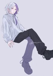 1boy absurdres black_footwear black_pants bungou_stray_dogs casual earrings grey_jacket highres jacket jewelry long_hair long_sleeves male_focus multicolored_hair pants parted_lips pink_eyes purple_hair r1kuuw shoes sigma_(bungou_stray_dogs) signature simple_background solo split-color_hair two-tone_hair white_hair zipper