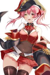 Rule 34 | 1girl, belt, black hat, black thighhighs, blush, breasts, brown belt, cleavage, crop top, gloves, hat, heterochromia, highres, hololive, houshou marine, large breasts, looking at viewer, medium hair, navel, niwata0, open mouth, pirate hat, red eyes, red hair, red skirt, see-through, see-through cleavage, skirt, smile, solo, teeth, thighhighs, twintails, virtual youtuber, white gloves, yellow eyes
