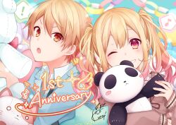 Rule 34 | 1boy, 1girl, absurdres, anniversary, blonde hair, blue jacket, brother and sister, brown cardigan, cardigan, commentary request, eighth note, gradient hair, grin, highres, jacket, kuroi (liar-player), long sleeves, looking at viewer, multicolored hair, musical note, official art, one eye closed, open mouth, pink eyes, pink hair, project sekai, siblings, signature, smile, spoken musical note, stuffed animal, stuffed cat, stuffed panda, stuffed toy, tenma saki, tenma tsukasa, twintails, upper body, yellow eyes