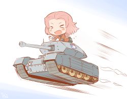 Rule 34 | &gt; &lt;, 10s, 1girl, blush stickers, chibi, closed eyes, commentary request, crusader (tank), cup, emblem, flying, girls und panzer, hanomido, military, military vehicle, motor vehicle, open mouth, pink hair, rosehip (girls und panzer), school uniform, short hair, solo, spilling, st. gloriana&#039;s (emblem), tank, teacup, vehicle