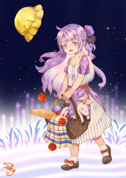 Rule 34 | 1girl, :d, absurdres, alternate costume, apple, azur lane, bottle, bread, carrying, casual, commentary request, contemporary, food, fruit, full body, hair bun, hair ribbon, hat, unworn hat, unworn headwear, highres, long hair, looking at viewer, mary janes, one side up, open mouth, picnic basket, purple eyes, purple hair, ribbon, shizi suky, shoes, side bun, single hair bun, single side bun, smile, socks, solo, stuffed animal, stuffed pegasus, stuffed toy, stuffed unicorn, stuffed winged unicorn, unicorn (azur lane), walking, white socks, wind