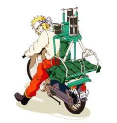 Rule 34 | 1boy, bad id, blonde hair, clothes around waist, grin, jacket, jacket around waist, license plate, looking at viewer, looking back, male focus, moped, motor vehicle, naruto, naruto (series), simple background, smile, solo, spiked hair, tagme, terragin, uzumaki naruto, white background