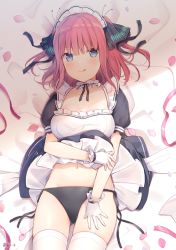 Rule 34 | 1girl, 6u (eternal land), black dress, black panties, black ribbon, blue eyes, blush, breasts, choker, cleavage, closed mouth, clothes lift, collarbone, commentary request, cowboy shot, dress, dress lift, frilled choker, frilled dress, frills, gloves, go-toubun no hanayome, groin, hair ornament, looking at viewer, lying, maid, maid headdress, medium breasts, nakano nino, navel, on back, panties, petals, pink ribbon, puffy short sleeves, puffy sleeves, red hair, ribbon, short hair, short sleeves, side-tie panties, solo, stomach, thighhighs, twitter username, two side up, underwear, white gloves, white thighhighs