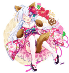 Rule 34 | 1girl, ;d, ahoge, alternate costume, animal ears, animal hands, blue hair, floral print, flower, full body, furisode, gloves, hair flower, hair ornament, japanese clothes, kimono, long hair, looking at viewer, nonno, official art, one eye closed, open mouth, paw gloves, purple eyes, smile, solo, tail, tail censor, thighhighs, tokinon, white thighhighs, x-overd
