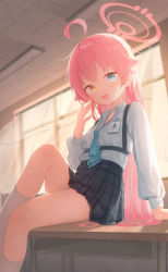 Rule 34 | 1girl, absurdres, ahoge, black skirt, blue archive, blue eyes, classroom, collared shirt, curtains, desk, doribae, fang, feet out of frame, halo, hand to own mouth, hand up, heterochromia, highres, hoshino (blue archive), id card, indoors, light blush, light particles, long sleeves, looking at viewer, loose necktie, necktie, on table, open collar, open mouth, orange eyes, pink hair, plaid, plaid skirt, school desk, shirt, shirt tucked in, sitting, skirt, solo, table, white legwear, white shirt