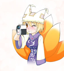Rule 34 | 1girl, blonde hair, blood, brown eyes, brown hair, camcorder, camera, female focus, fox tail, hat, japanese clothes, lee (colt), multiple tails, nosebleed, one eye closed, saliva, short hair, simple background, solo, tail, touhou, upper body, video camera, white background, wink, yakumo ran, yellow eyes