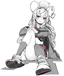 Rule 34 | 1girl, ahoge, animal ears, asymmetrical legwear, blue archive, blush, closed mouth, crop top, fang, fang out, full body, greyscale, halo, high tops, highres, jacket, knee up, long hair, long sleeves, looking at viewer, midriff, monochrome, mouse ears, off shoulder, open clothes, open jacket, own hands together, pink eyes, saya (blue archive), shirt, shoes, shorts, single sock, single thighhigh, sitting, sleeveless, sleeveless shirt, smile, sneakers, socks, solo, spot color, thighhighs, tsukinami kousuke