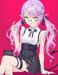 Rule 34 | 1girl, absurdres, bad id, bad pixiv id, bibi (tokoyami towa), black bow, black bowtie, black skirt, bow, bowtie, breasts, collared shirt, commentary request, crossed legs, demon tail, ear piercing, earrings, feet out of frame, glasses, green eyes, hair ornament, hairclip, haru on, high-waist skirt, highres, hololive, jewelry, looking at viewer, multicolored hair, nail polish, open mouth, piercing, pink hair, pink nails, pleated skirt, purple hair, red background, shirt, sitting, skirt, sleeveless, sleeveless shirt, small breasts, smile, solo, suspender skirt, suspenders, tail, thigh strap, tokoyami towa, two-tone hair, virtual youtuber, white shirt, x hair ornament