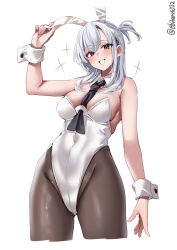 Rule 34 | 1girl, animal ears, arm up, artist name, bare shoulders, between breasts, black pantyhose, blush, breasts, covered navel, cropped legs, curtained hair, ebifurya, fake animal ears, gluteal fold, grey eyes, grey hair, groin, hair between eyes, highleg, highleg leotard, highres, kantai collection, large breasts, leotard, long hair, looking at viewer, necktie, necktie between breasts, one-hour drawing challenge, one side up, pantyhose, parted lips, playboy bunny, rabbit ears, sidelocks, simple background, skindentation, smile, solo, sparkle, square-end necktie, strapless, strapless leotard, suzutsuki (kancolle), thighs, twitter username, white background, white leotard, white necktie, wrist cuffs