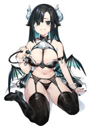 Rule 34 | 1girl, absurdres, armband, bare shoulders, black bra, black choker, black eyes, black footwear, black hair, black nails, black panties, black thighhighs, boots, borrowed character, bra, breasts, choker, cleavage, colored inner hair, demon girl, demon horns, demon tail, demon wings, flor (freshtango), garter belt, high heel boots, high heels, highres, holding tail, horns, large breasts, lingerie, long hair, looking at viewer, low wings, mole, mole under eye, multi-strapped bra, multicolored hair, nail polish, navel, neonbeat, original, panties, parted lips, pubic tattoo, simple background, sitting, smile, solo, stomach, streaked hair, string panties, tail, tattoo, thighhighs, thighs, underwear, underwear only, very long hair, wariza, white background, wings, wrist cuffs