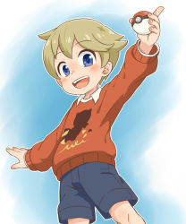 Rule 34 | 1boy, blonde hair, blue eyes, blush, collared shirt, creatures (company), game freak, highres, jqk, looking at viewer, male focus, nintendo, poke ball, poke ball (basic), pokemon, pokemon swsh, shirt, shorts, solo, sweater, white shirt, youngster (pokemon)