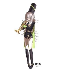 Rule 34 | 1girl, absurdres, alternate costume, arknights, belt, black belt, black footwear, black shirt, blush, boots, cape, commentary request, dated, gaoling gangqin, gloves, green cape, green gloves, hair between eyes, hat, highres, holding, holding instrument, holding trumpet, instrument, knee boots, long hair, looking at viewer, mulberry (arknights), pants, shako cap, shirt, solo, very long hair, vest, white hair, white pants, white vest