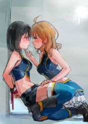 Rule 34 | 2girls, ahoge, araki hina, black hair, blue eyes, blue thighhighs, blush, bound, bound wrists, from side, hand on another&#039;s chin, hand on another&#039;s thigh, highres, idolmaster, idolmaster cinderella girls, kamijo haruna, kneeling, licking lips, looking at another, luncheon meat umai, medium hair, midriff, multiple girls, orange eyes, orange hair, pink-framed eyewear, restrained, saliva, saliva trail, short shorts, shorts, skirt, sleeveless, sweat, thighhighs, tongue, tongue out, yuri