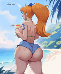 Rule 34 | 1girl, arm tattoo, artist name, ass, beach, bikini, blue shorts, breasts, commentary, curvy, english commentary, eyelashes, from behind, green bikini, highres, holding, holding map, huge ass, huge breasts, long hair, map, nami (one piece), ocean, one piece, outdoors, phat smash, ponytail, sand, short shorts, shorts, sideboob, solo, standing, sunlight, swimsuit, tattoo, thighs, treasure map, tree, twitter username, wet, wide hips