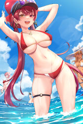 Rule 34 | 4girls, absurdres, armpits, arms up, ass, back, ball, beachball, bikini, black hair, blonde hair, blue sky, breasts, cleavage, cloud, dark-skinned female, dark elf, dark skin, detached collar, earrings, elf, hat, heterochromia, highres, hololive, houshou marine, jewelry, large breasts, long hair, looking at viewer, medium breasts, multicolored hair, multiple girls, navel, necklace, oozora subaru, outdoors, pink hair, pointy ears, red bikini, red eyes, red hair, shiranui flare, shiroi ume, short hair, sky, striped bikini, striped clothes, sun hat, swimsuit, takane lui, teeth, thigh strap, twintails, two-tone hair, very long hair, virtual youtuber, wading, wet, white hair, wrist cuffs, yellow background, yellow eyes