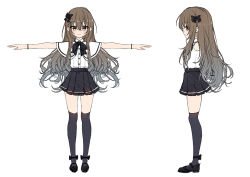 Rule 34 | 1girl, black bow, black footwear, black skirt, black thighhighs, blush, bow, brown eyes, brown hair, capelet, closed mouth, collared shirt, commentary request, dress shirt, gradient hair, grey hair, hair between eyes, hair bow, long hair, looking at viewer, macchiato (jae-min cho), multicolored hair, multiple views, original, outstretched arms, pleated skirt, profile, revision, shirt, shoes, simple background, skirt, spread arms, standing, t-pose, thighhighs, very long hair, white background, white capelet, white shirt