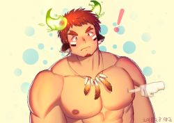 Rule 34 | 1boy, abs, absurdres, animal ears, bara, blush, brown eyes, brown hair, cow boy, cow ears, cow horns, dark skin, dark-skinned male, embarrassed, facial hair, feather necklace, fiery horns, forked eyebrows, glowing horns, goatee, head tilt, highres, horns, large pectorals, male focus, muscular, muscular male, nipples, nude, pectoral focus, pectoral press, pectorals, poking pecs, short hair, solo focus, spiked hair, sweatdrop, thick eyebrows, tokyo houkago summoners, wakan tanka, yang geon