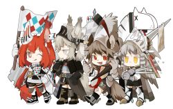 Rule 34 | 4girls, :d, ;q, puff of air, animal ears, arknights, armor, ashlock (arknights), black footwear, black gloves, black skirt, black thighhighs, blouse, boots, brown eyes, brown hair, chibi, ear covers, ear tag, fartooth (arknights), feather hair, flag, flametail (arknights), full body, gloves, grey hair, hand on own hip, hand up, highres, holding, holding flag, holding knife, holding polearm, holding weapon, horse ears, horse girl, horse tail, jitome, knife, lance, licking lips, long hair, looking at viewer, mechanical owl, multiple girls, one eye closed, open mouth, pleated skirt, polearm, red eyes, red hair, shirt, short hair with long locks, sign, simple background, skirt, smile, sparkle, squirrel ears, squirrel girl, tail, thigh strap, thighhighs, thumbs up, tongue, tongue out, visor (armor), visor lift, walking, weapon, white background, white gloves, white shirt, white thighhighs, wild mane (arknights), yellow eyes