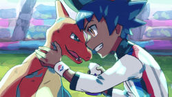 Rule 34 | 1boy, aged down, buttons, charmeleon, clenched teeth, collared shirt, commentary request, creatures (company), dark-skinned male, dark skin, from side, game freak, gen 1 pokemon, gym challenge uniform, hat, holding, leon (pokemon), male focus, nintendo, pokemon, pokemon (creature), pokemon swsh, potion (pokemon), purple hair, shirt, smile, spiked hair, stadium, suruga dbh, teeth, white wristband, wristband, yellow eyes