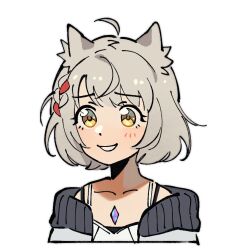 Rule 34 | 1girl, ahoge, animal ear fluff, animal ears, blush, braid, brown eyes, camisole, chest jewel, collarbone, commentary, cropped torso, grey hair, jacket, johan (deathamaranth), mio (xenoblade), off shoulder, open clothes, open jacket, simple background, smile, solo, transparent background, upper body, white background, white camisole, white jacket, xenoblade chronicles (series), xenoblade chronicles 3
