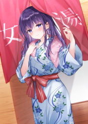 Rule 34 | 1girl, blue kimono, blush, bow, closed mouth, collarbone, curtains, floral print, hands up, higeneko, highres, indoors, japanese clothes, kimono, long hair, long sleeves, looking at viewer, original, print kimono, purple eyes, purple hair, red bow, solo, towel, towel around neck, wavy mouth, wet, wet hair, wide sleeves