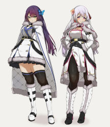 Rule 34 | 2girls, arm at side, assault lily, belt, belt buckle, black belt, black footwear, black gloves, black pantyhose, black shirt, black skirt, black thighhighs, blunt ends, boots, braid, breasts, buckle, butterfly hair ornament, buttons, cape, cape grab, capelet, checkered ribbon, cleavage, cleavage cutout, closed mouth, clothes grab, clothing cutout, coat, commentary, double-breasted, flower, full body, funada kiito, funada ui, fur-trimmed boots, fur-trimmed cape, fur-trimmed capelet, fur-trimmed coat, fur trim, gloves, green eyes, grey background, grey hair, hair flower, hair ornament, hair ribbon, hand up, hands up, high heel boots, high heels, highres, interlocked fingers, knee boots, large breasts, light blush, long hair, long sleeves, looking at viewer, miniskirt, mole, mole under eye, mole under mouth, multicolored eyes, multiple girls, neck ribbon, necktie, o (ooorrrmm), official alternate costume, own hands together, pantyhose, parted lips, pink eyes, pink flower, pink ribbon, pleated skirt, purple eyes, purple hair, red ribbon, ribbon, shirt, siblings, side braid, simple background, single braid, sisters, skirt, smile, standing, thighhighs, two-tone footwear, underbust, very long hair, white cape, white capelet, white coat, white footwear, white necktie, white ribbon, winter clothes, zettai ryouiki