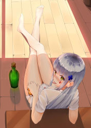 Rule 34 | 1girl, absurdres, barefoot, blush, bottle, cameltoe, commentary, crossed legs, cup, dress shirt, drinking glass, feet, from above, girls&#039; frontline, green eyes, highres, hk416 (girls&#039; frontline), holding, ky (ky990533), long hair, looking back, no pants, panties, see-through, shadow, shiny skin, shirt, silver hair, solo, teardrop tattoo, thighs, toes, tongue, tongue out, underwear, white panties, white shirt, wooden floor