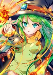 Rule 34 | 1girl, aqua eyes, black coat, black hat, breasts, casting spell, coat, commentary request, cowboy shot, fire, floating hair, green coat, green hair, hand up, hat, highres, impossible clothes, index finger raised, long hair, long sleeves, looking at viewer, masou shizuka, medium breasts, multicolored coat, open mouth, pointing, pointing at viewer, pyrokinesis, rance (series), sidelocks, solo, straight hair, tragicrhyme, tsurime, two-tone coat, very long hair, witch, witch hat