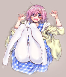 Rule 34 | 1girl, artist name, ass, blue dress, checkered clothes, checkered dress, commentary request, dress, fate (series), full body, glasses, grey background, highres, jacket, knees together feet apart, legs up, looking at viewer, lying, mash kyrielight, mash kyrielight (senpai killer outfit), messy hair, no shoes, official alternate costume, on back, open mouth, panties, panties under pantyhose, pantyhose, pink hair, plaid, plaid dress, purple eyes, short dress, short hair, signature, simple background, solo, takanashi ringo, tears, underwear, wavy mouth, white pantyhose