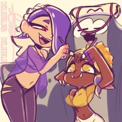 Rule 34 | + +, 2girls, = =, absurdres, arm up, artist name, asymmetrical hair, bare shoulders, big man (splatoon), black leggings, blonde hair, breasts, closed mouth, clothing cutout, cowboy shot, crop top, cross-shaped pupils, dark-skinned female, dark skin, earrings, eye contact, fang, fangs, fangs out, female focus, forehead, frye (splatoon), hair over one eye, half-closed eyes, hand up, happy, highres, holding, holding paintbrush, inkling, jewelry, kurus37, leggings, legs together, looking at another, looking down, looking up, manta ray, midriff, multicolored hair, multiple earrings, multiple girls, navel, nintendo, octoling, one eye covered, open mouth, paintbrush, pants, pointy ears, purple hair, purple shawl, red eyes, sarashi, see-through, shawl, shirt, shiver (splatoon), short hair, signature, simple background, sketch, sleeveless, sleeveless shirt, small breasts, smile, splatoon (series), splatoon 3, standing, stomach, symbol-shaped pupils, teeth, tentacle hair, tentacles, tic-tac-toe, two-tone hair, watermark, white pants, yellow eyes, yellow shawl, yellow shirt