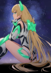 Rule 34 | 1girl, angela balzac, bare shoulders, blonde hair, blue eyes, blurry, blurry background, breasts, closed mouth, elbow gloves, eyelashes, gloves, glowing, green eyes, headgear, highres, knees up, leotard, long hair, looking away, low twintails, medium breasts, profile, rakuen tsuihou, ronopu, sitting, smile, solo, star (sky), thigh strap, twintails, very long hair