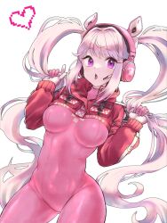 Rule 34 | 1girl, :o, aaasahiii, alice (nikke), animal ear headphones, animal ears, arms up, bodysuit, breasts, bunching hair, contrapposto, covered navel, cowboy shot, cropped jacket, fake animal ears, gloves, goddess of victory: nikke, headphones, headset, heart, highres, holding, holding own hair, impossible bodysuit, impossible clothes, jacket, long hair, medium breasts, multicolored clothes, multicolored gloves, open mouth, pink bodysuit, pink eyes, pink gloves, pink hair, pink headphones, puffy sleeves, red jacket, sidelocks, simple background, skin tight, sleeves past wrists, standing, teeth, twintails, two-tone gloves, upper teeth only, white background, white gloves