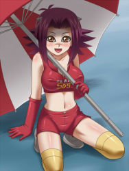 Rule 34 | awa, blush, breasts, brown eyes, gloves, izayoi aki, race queen, red hair, shorts, swimsuit, thighhighs, umbrella, yu-gi-oh!, yu-gi-oh! 5d&#039;s