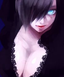 Rule 34 | 1girl, akizuki hakuto, black hair, blue eyes, blue theme, breasts, cleavage, female focus, gradient background, hair over one eye, hood, large breasts, lips, looking at viewer, lowres, madame shirley, nose, one piece, pale skin, purple theme, short hair, solo