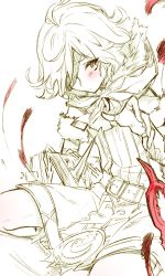 Rule 34 | 1boy, antenna hair, belt, belt buckle, book, buckle, chain, closed mouth, eyepatch, fingerless gloves, gloves, hair over one eye, holding, holding book, looking at viewer, pinocchio (sinoalice), shirt, shorts, simple background, sinoalice, sketch, solo, teroru, white background, white hair, white shirt, white shorts