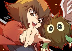 Rule 34 | 1boy, brown eyes, brown hair, duel academy uniform (yu-gi-oh! gx), flying, hair between eyes, jacket, long sleeves, looking at viewer, male focus, multicolored hair, ochi marco, open clothes, open jacket, open mouth, red jacket, school uniform, shirt, short hair, smile, two-tone hair, upper body, winged kuriboh, yu-gi-oh!, yu-gi-oh! gx, yuki judai
