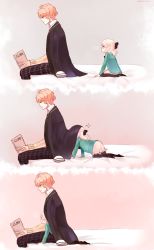 Rule 34 | ..., 10s, 1boy, 1girl, ?, age difference, aged down, all fours, bed, black pantyhose, blonde hair, blush, book, child, closed mouth, comic, diabolik lovers, flying sweatdrops, from side, full body, hair ornament, hair ribbon, half-closed eyes, highres, jacket, komori yui, looking at another, manmosu, open book, open mouth, pantyhose, petite, profile, reading, red eyes, rejet, ribbon, sakamaki shuu, school uniform, simple background, sitting, size difference, skirt, twitter username, under another&#039;s clothes, uniform