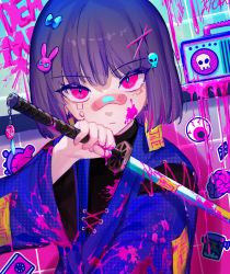 Rule 34 | 1girl, a0lp, bandaid, bandaid on face, bandaid on nose, black hair, hair ornament, hairclip, holding, holding sword, holding weapon, katana, looking at viewer, original, paint, purple eyes, short hair, solo, sword, weapon