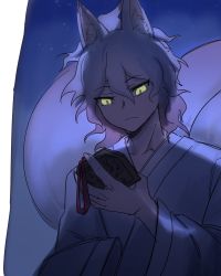 Rule 34 | 1boy, absurdres, alternate costume, animal ears, closed mouth, commentary request, danganronpa (series), danganronpa 2: goodbye despair, fox boy, fox ears, fox tail, glowing, glowing eyes, highres, holding, japanese clothes, kimono, komaeda nagito, long sleeves, looking at object, male focus, night, smile, solo, tail, wide sleeves, ziling